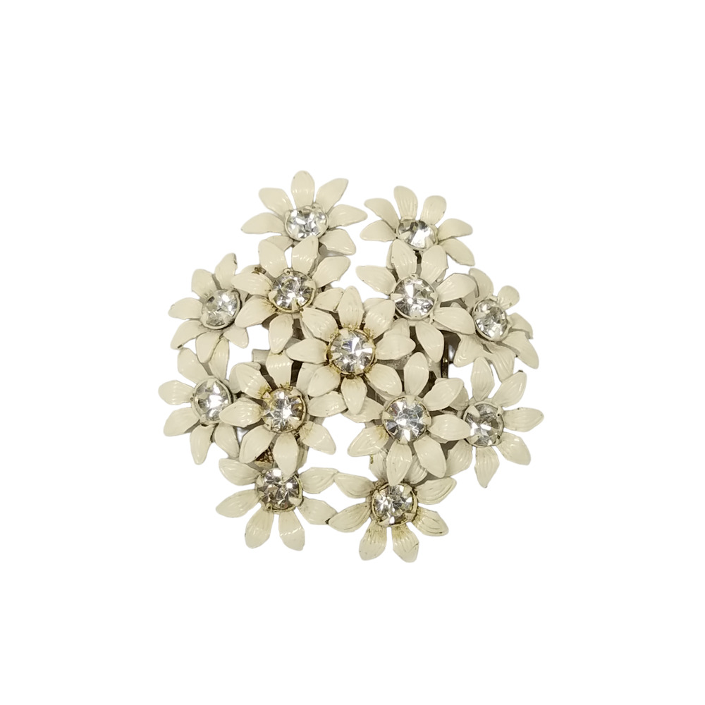 Vintage Brooch White Painted Daisies Bouquet Flowers Clear Prong Set Rhinestones